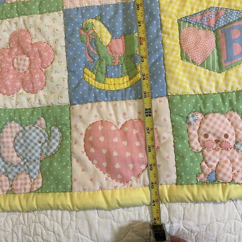 VTG Baby Blanket Pastel Animals Toys Flower Hand Stitched Quilted 80s Nursery